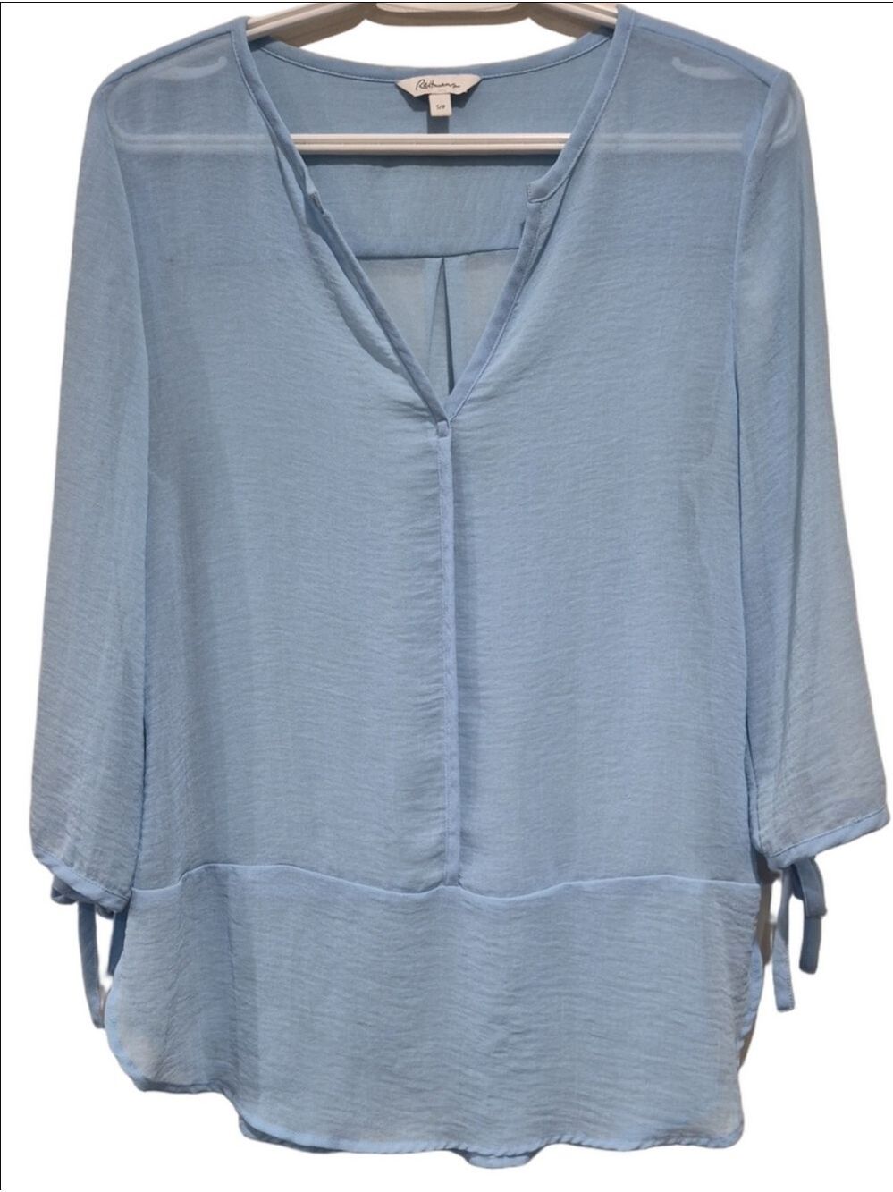 Reitmans Light Blue V-Neck Tunic Blouse Sz S/P Chiffon 3/4 Tie Sleeve Flowy